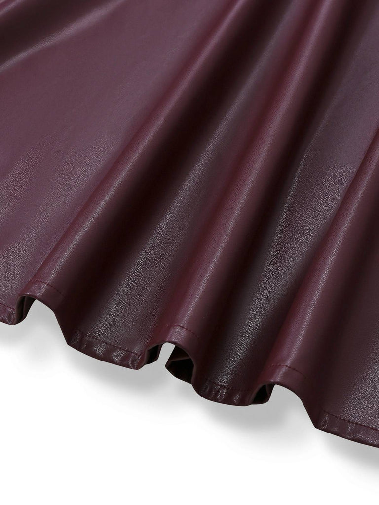 [Prévente] Robe rouge bordeaux col à nœud et patchwork en cuir années 1940