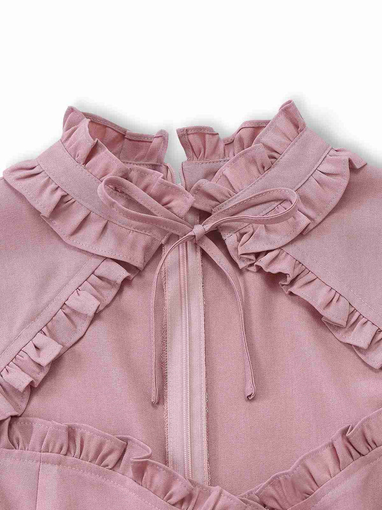[Prévente] Robe rose poudré en coton à volants col en forme de goutte contrastée années 40