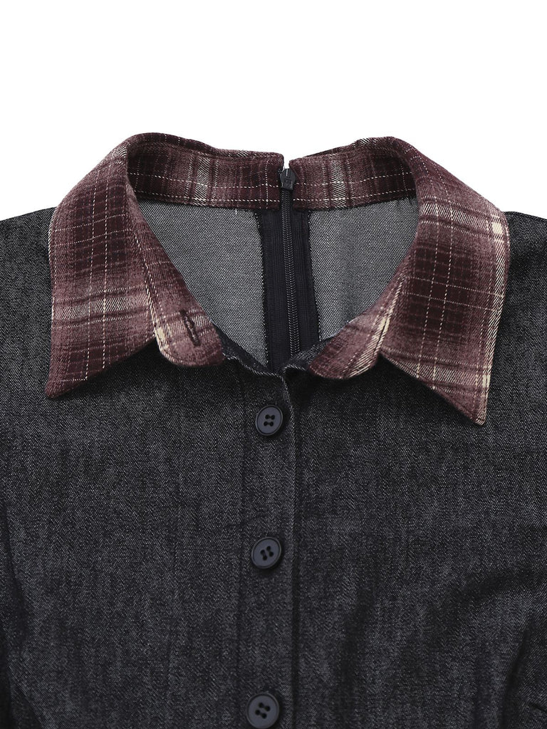 [Prévente] Robe patchwork en denim carreaux noirs style années 40