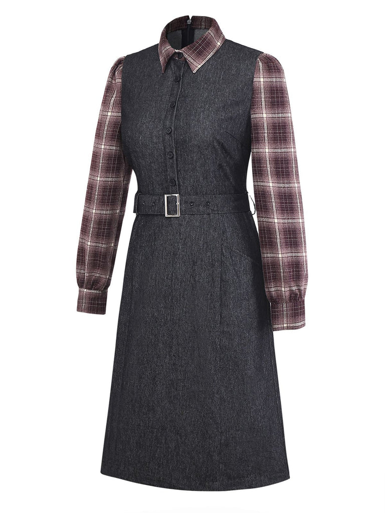 [Prévente] Robe patchwork en denim carreaux noirs style années 40