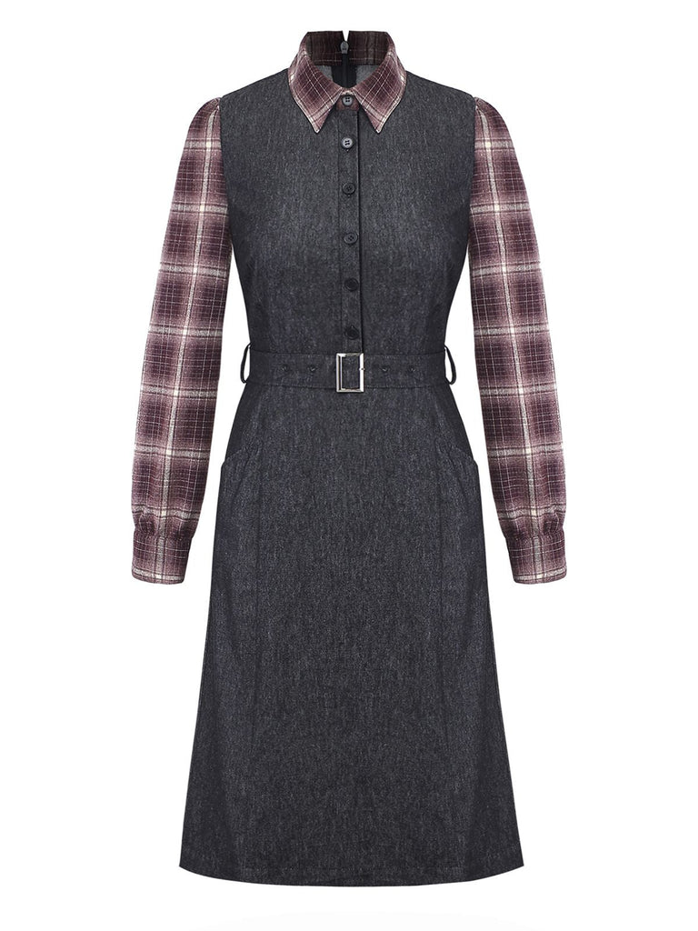 [Prévente] Robe patchwork en denim carreaux noirs style années 40