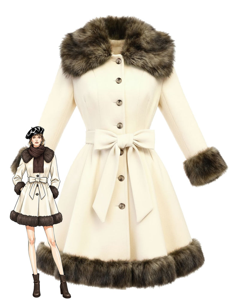 [Pré-vente] Manteau patchwork à col en fourrure crème années 1950
