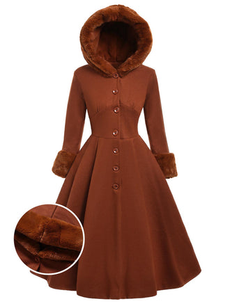 [Prévente] Manteau marron à capuche boutonné en fausse laine années 1950