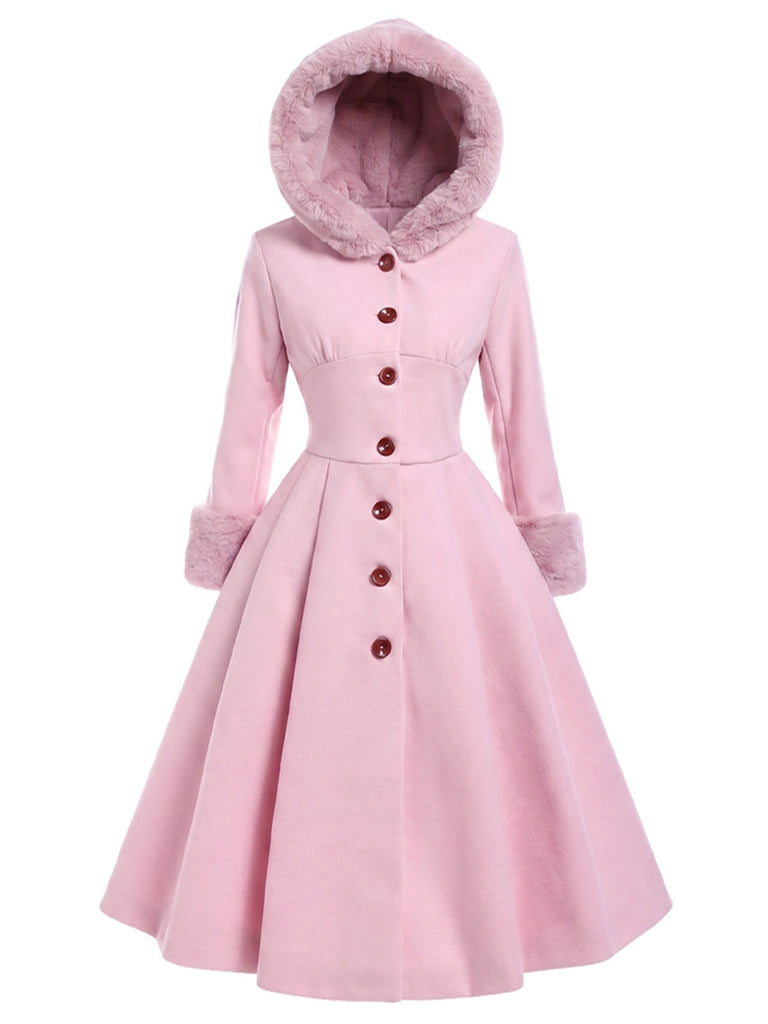 Manteau rose à capuche boutonné en fausse laine années 1950
