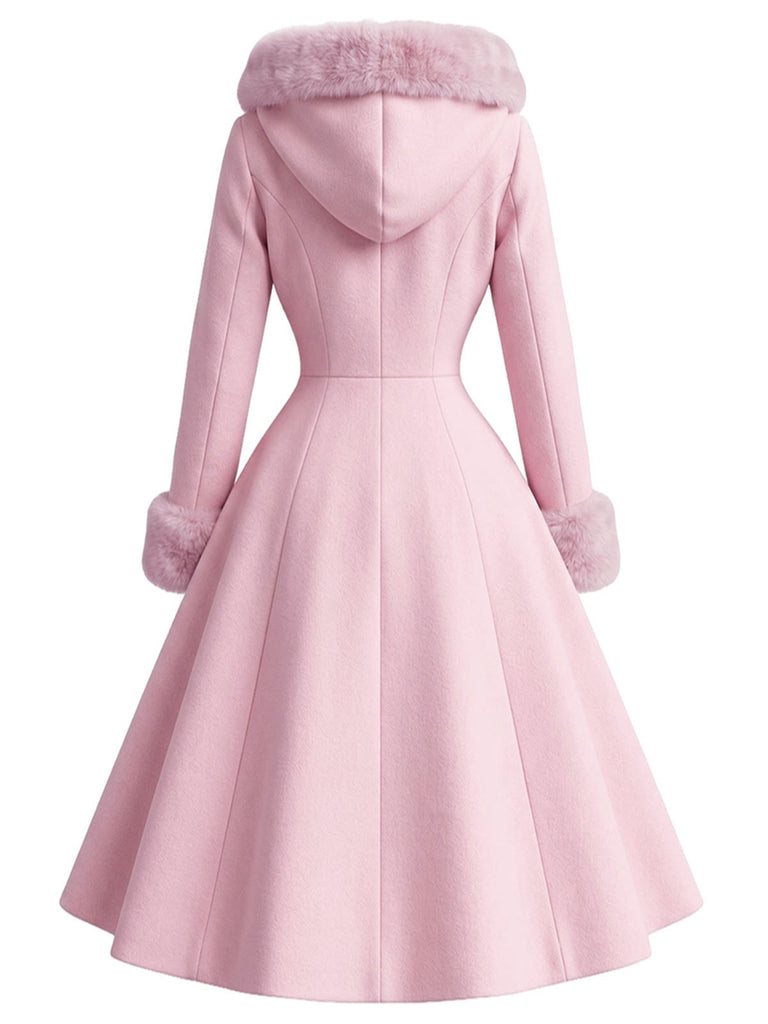 Manteau rose à capuche boutonné en fausse laine années 1950