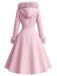 Manteau rose à capuche boutonné en fausse laine années 1950