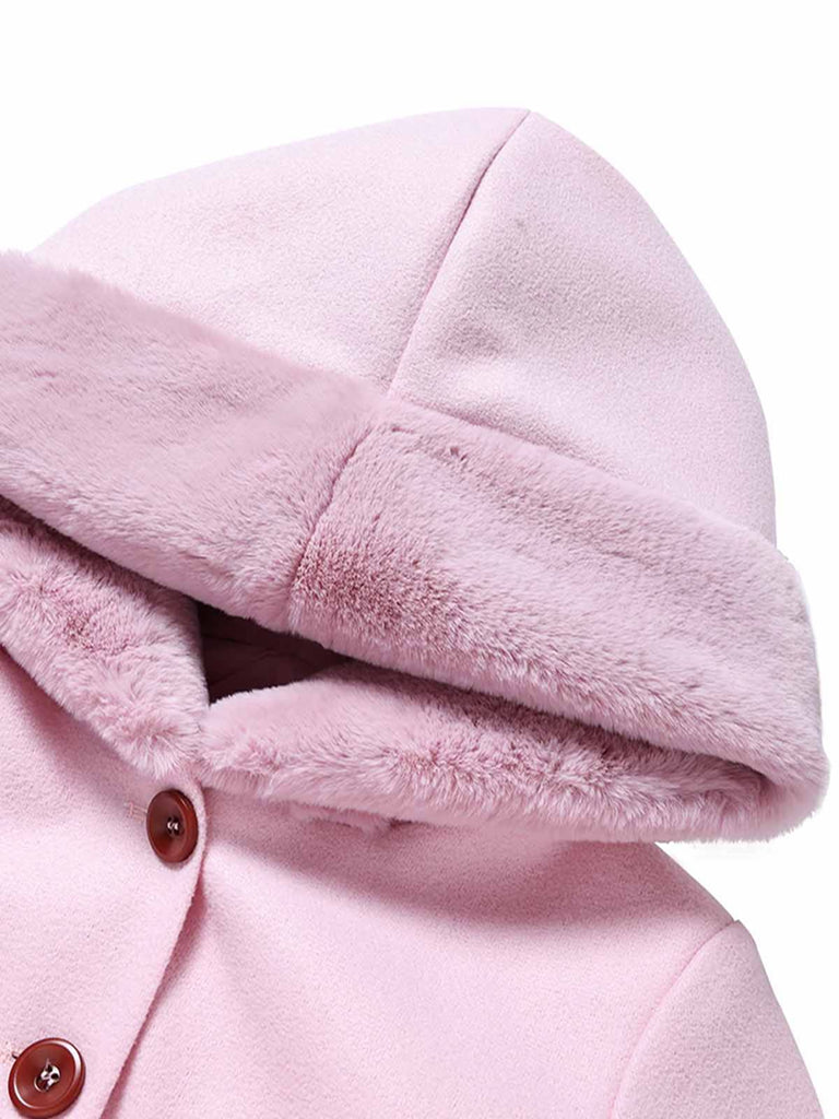 Manteau rose à capuche boutonné en fausse laine années 1950