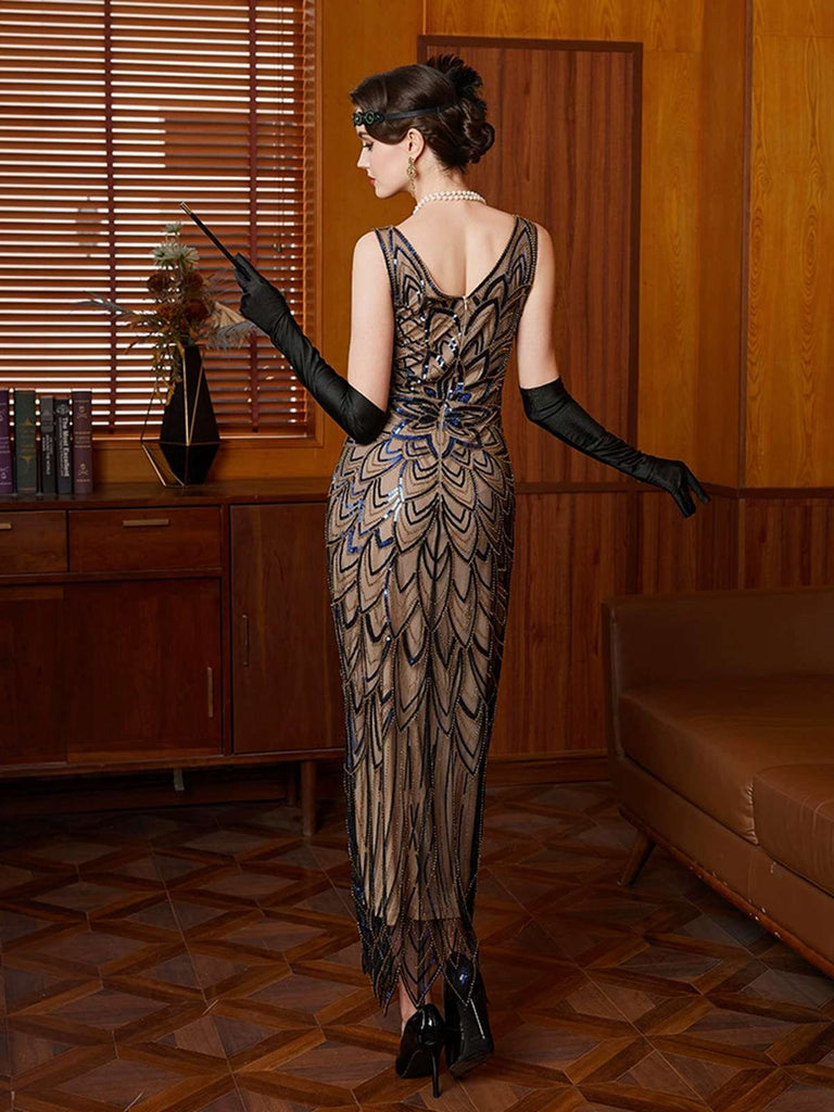 Robe noire à fleurs et paillettes avec ourlet irrégulier des années 1920