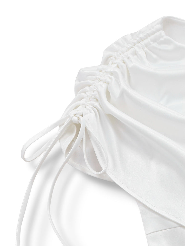 [Prévente] Robe blanche en satin froncée à lacets col bateau années 1930