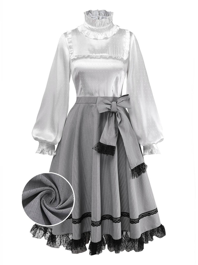 [Prévente] Robe grise carreaux en satin col montant volants années 1950