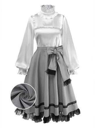 [Prévente] Robe grise carreaux en satin col montant volants années 1950