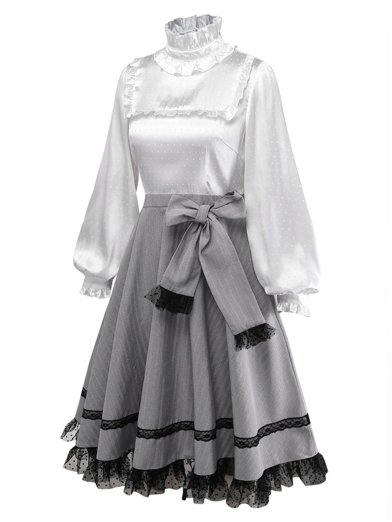 [Prévente] Robe grise carreaux en satin col montant volants années 1950