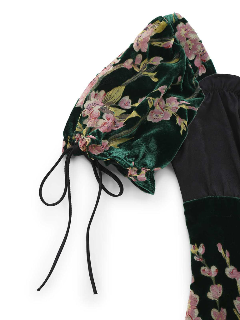 [Prévente] Robe en velours fleuri à col carré et volants des années 1960