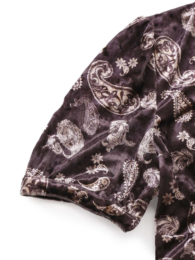 [Prévente] Combinaison en velours marron à motifs cachemire manches bouffantes des années 1970