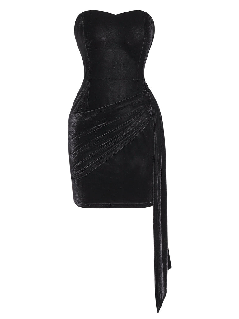 [Prévente] Robe bustier en velours froncé à ruban noire des années 60