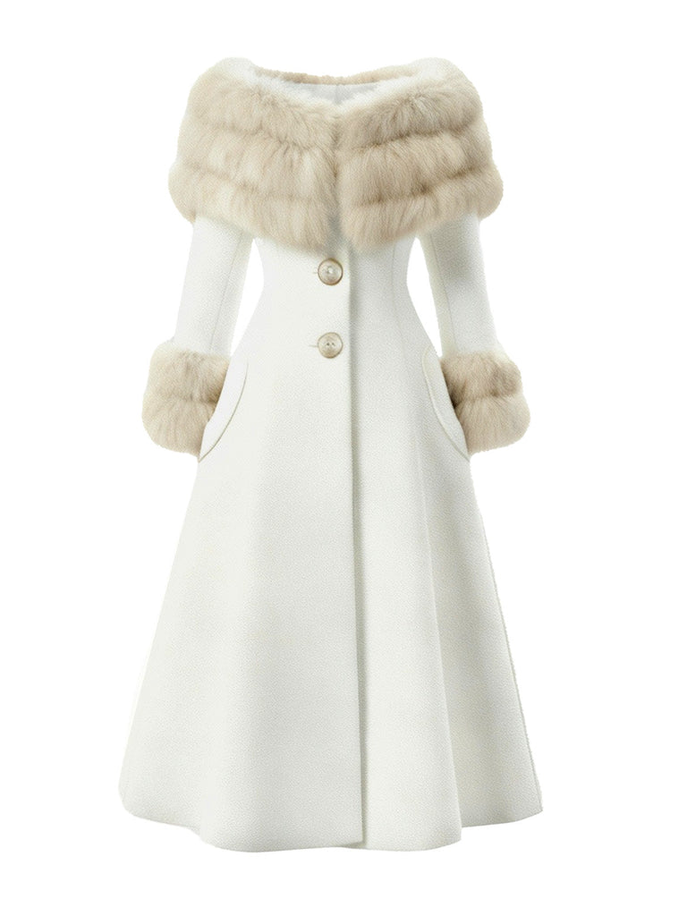 [Pré-vente] Manteau à col en fourrure multicouche crème années 1950