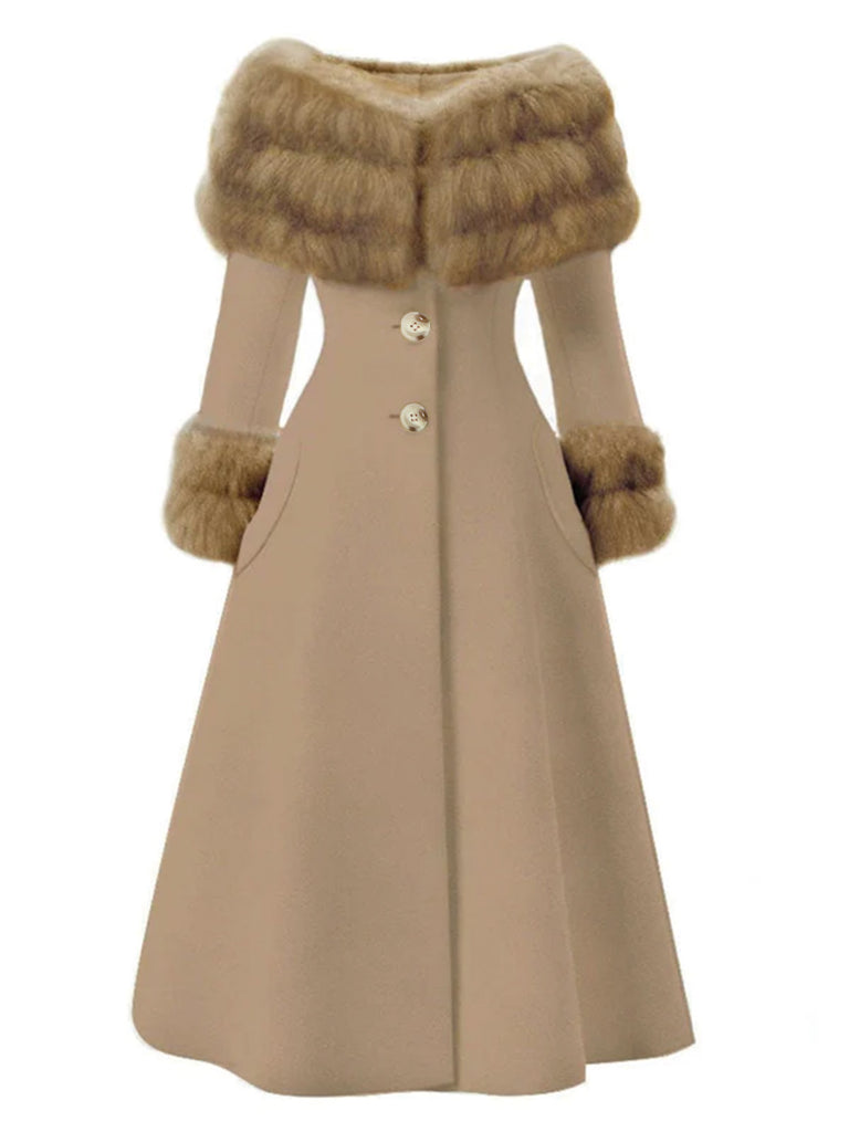 Manteau à col en fourrure multicouche crème années 1950