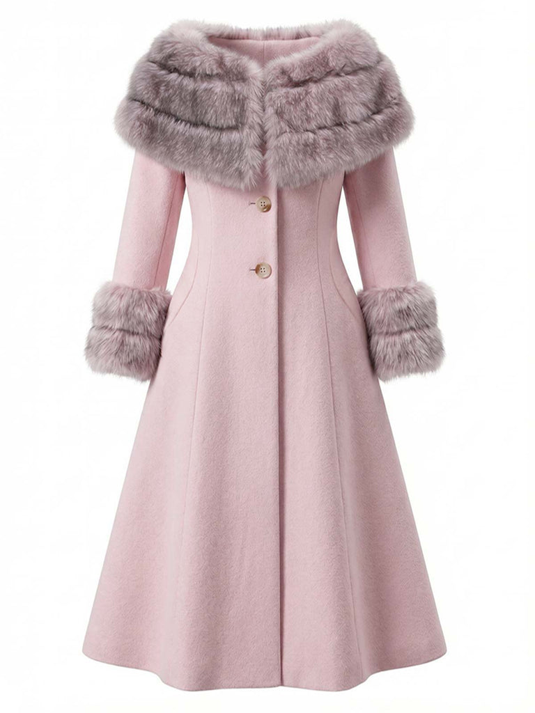 Manteau à col en fourrure multicouche crème années 1950