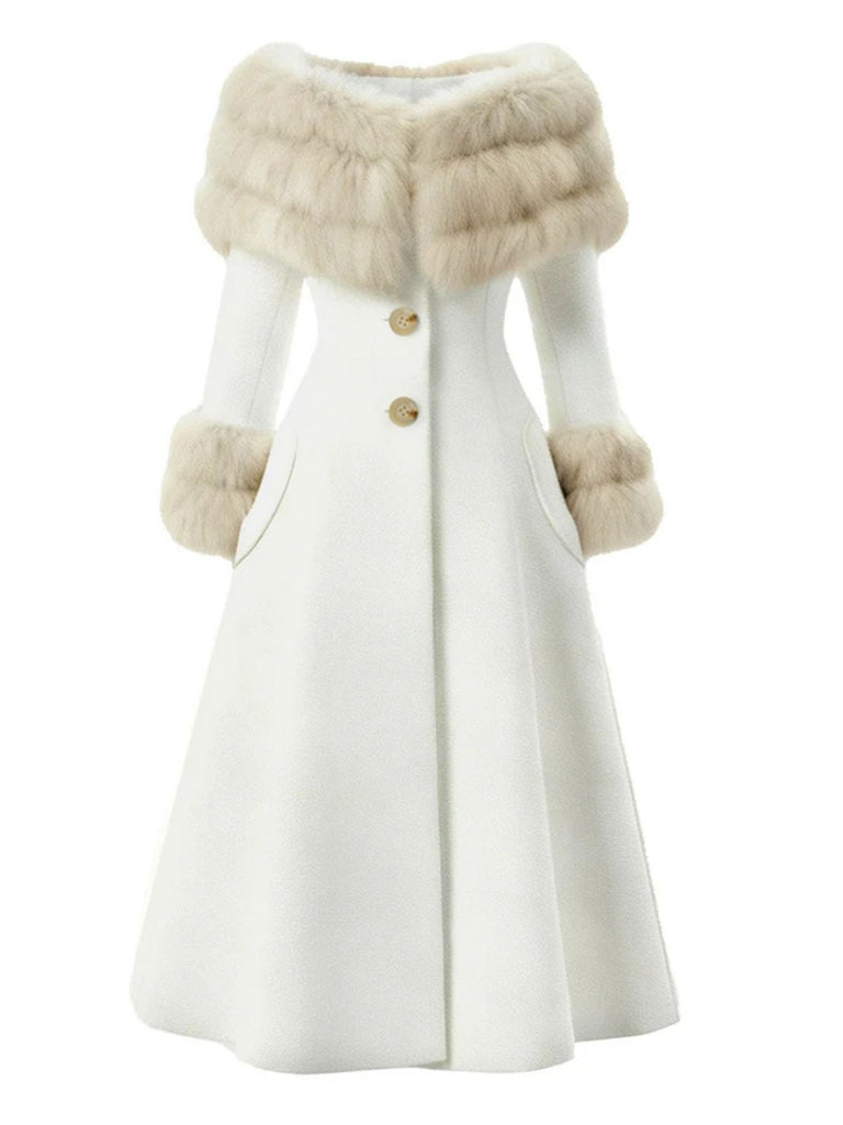 [Pré-vente] Manteau à col en fourrure multicouche crème années 1950