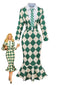 Robe sirène verte à losanges des années 1970 avec cravate