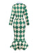 Robe sirène verte à losanges des années 1970 avec cravate
