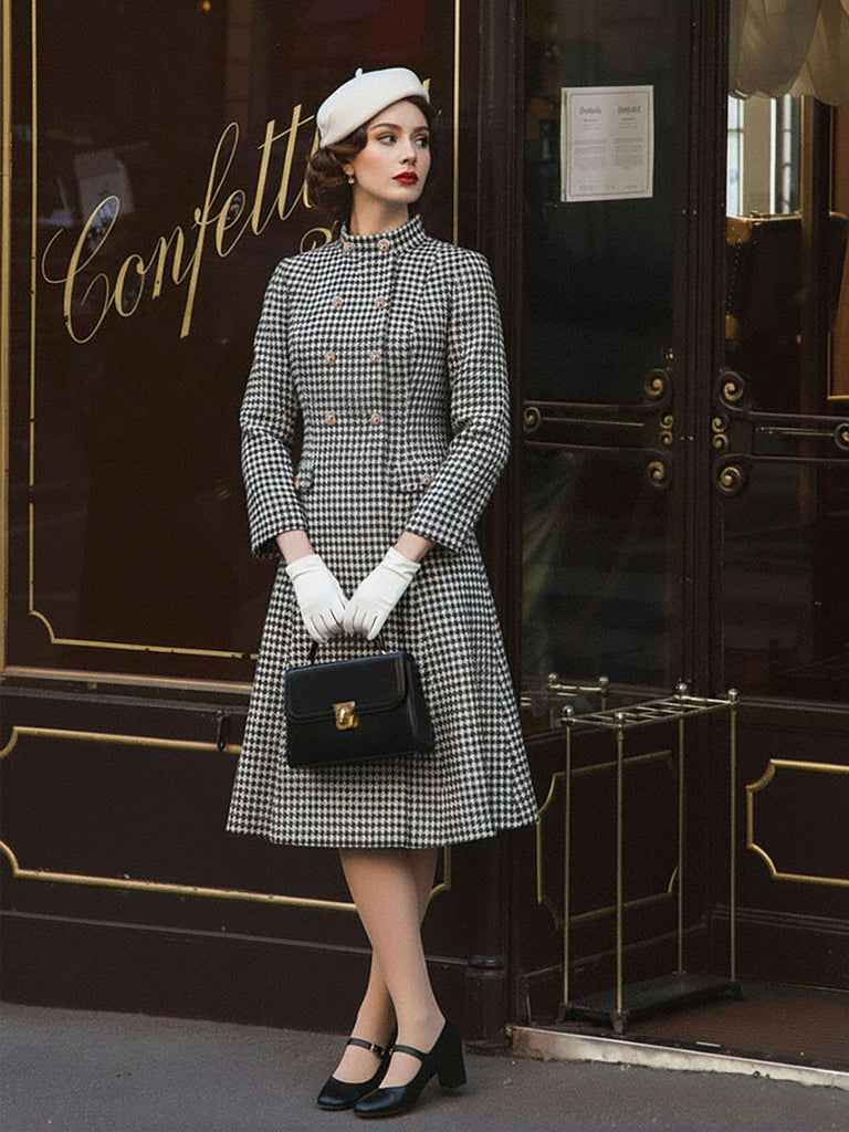 [Prévente] Manteau noir col montant croisé en pied-de-poule des années 1960