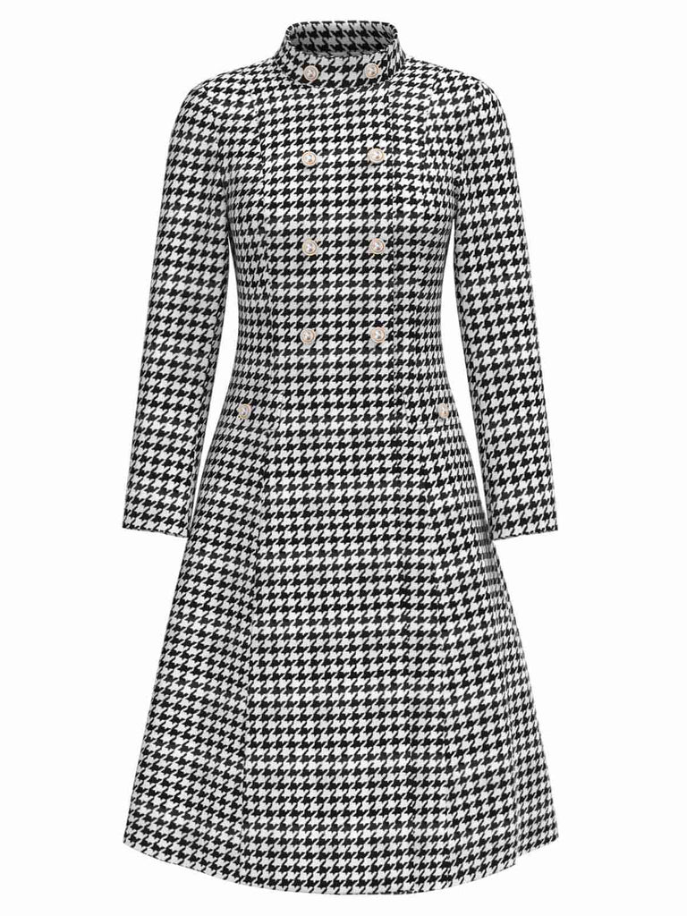 [Prévente] Manteau noir col montant croisé en pied-de-poule des années 1960