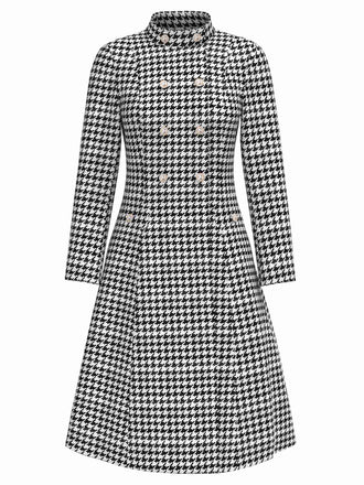 [Prévente] Manteau noir col montant croisé en pied-de-poule des années 1960