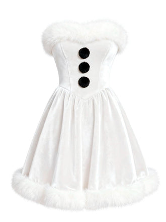 [Pré-vente] Robe bustier blanche en velours et peluche style bonhomme de neige nnées 1960