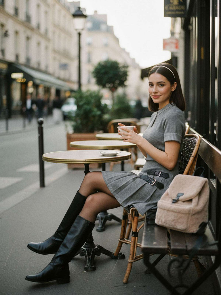 [Prévente] Robe plissée en cuir tricoté gris des années 1970