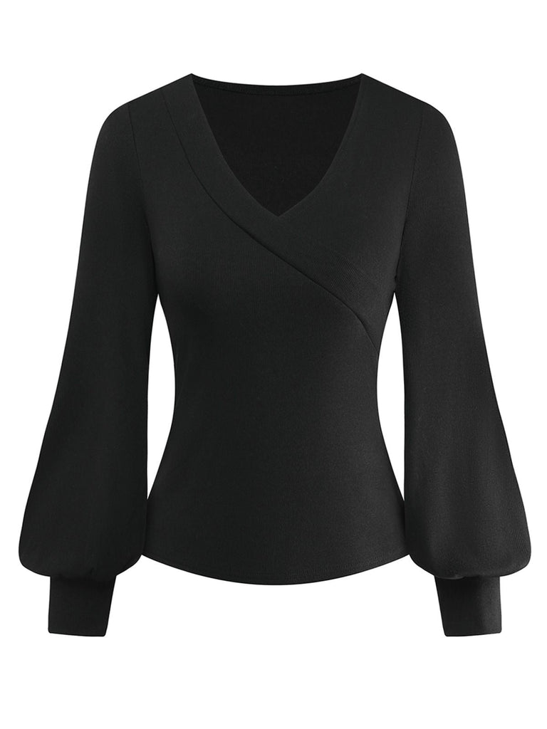 [Prévente] Haut tricoté noir col en V et manches lanternes style années 1950