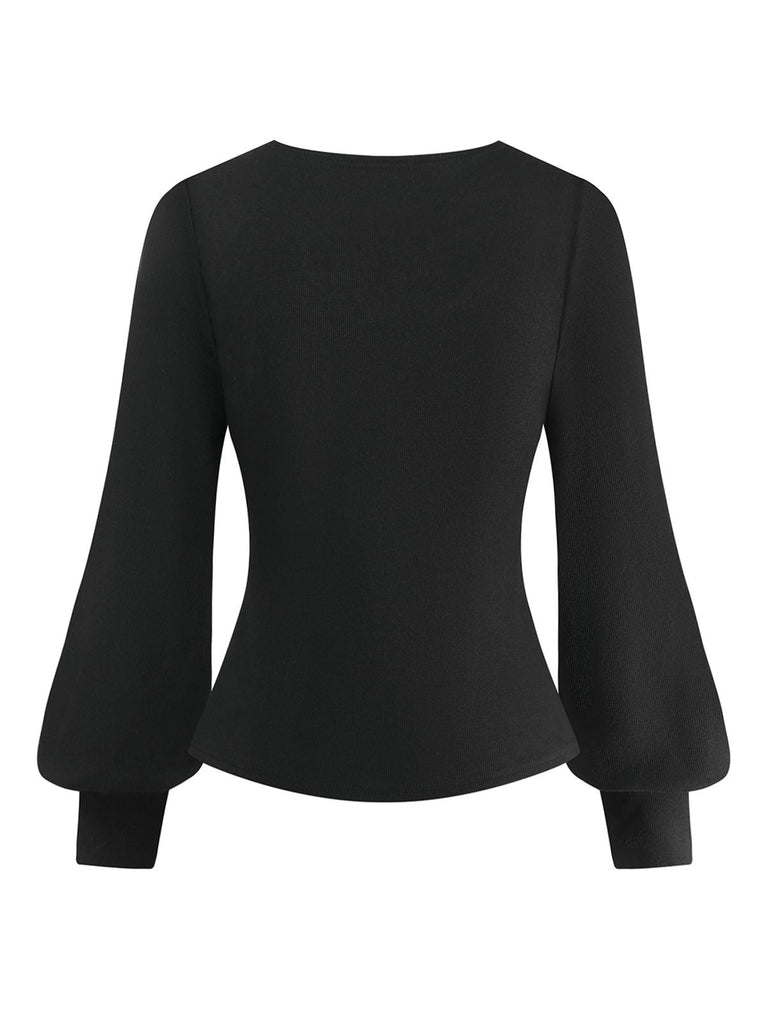 [Prévente] Haut tricoté noir col en V et manches lanternes style années 1950