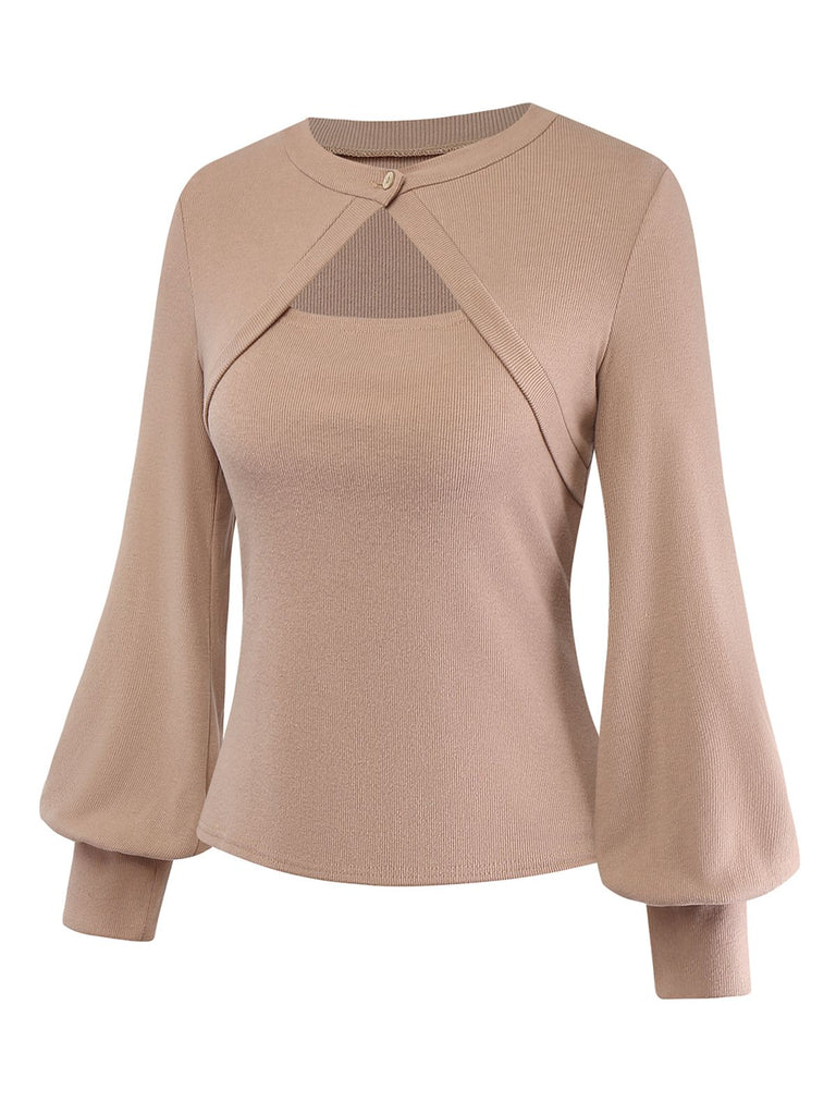 [Prévente] 2PCS Pull en maille à découpes et à volants marron et mini-jupe plissée des années 1960