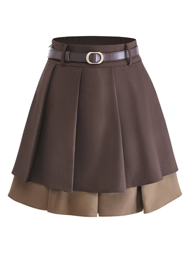 [Prévente] 2PCS Pull en maille à découpes et à volants marron et mini-jupe plissée des années 1960