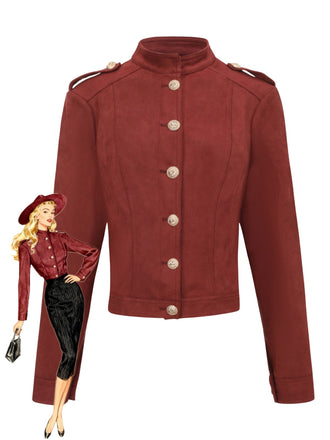 Veste courte en daim marron col montant des années 1980