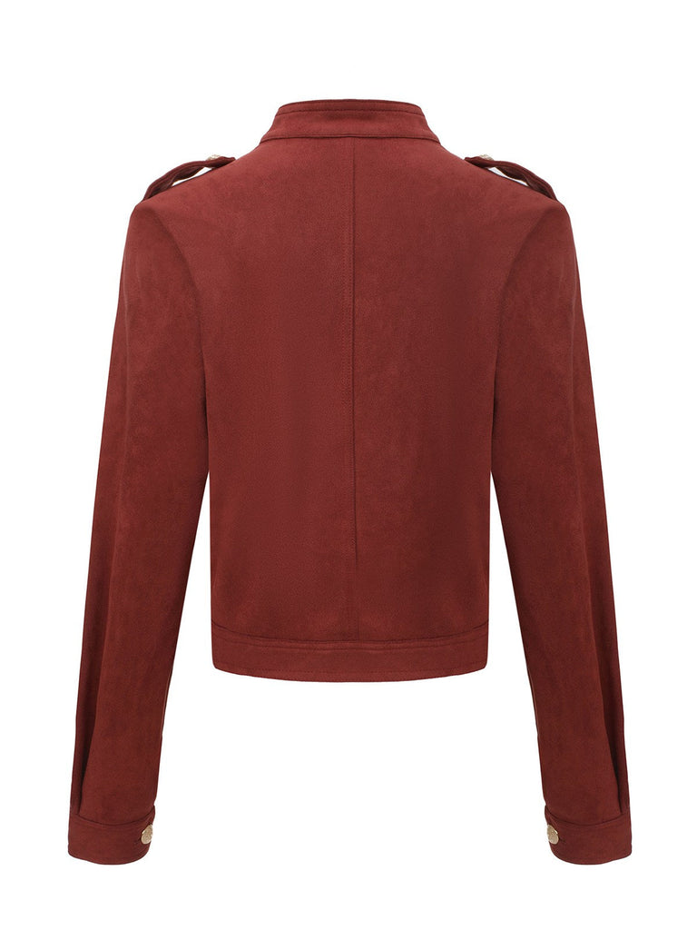 Veste courte en daim marron col montant des années 1980