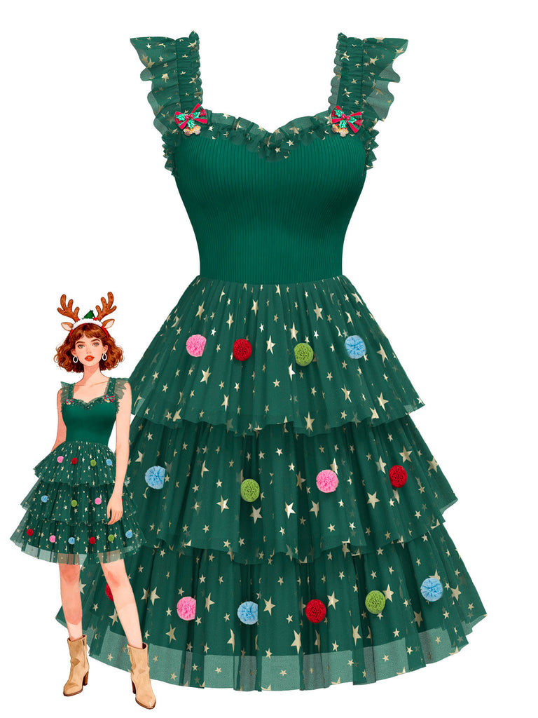 [Pré-vente] Robe à volants en maille avec pompons en forme d'étoiles de Noël années 1970