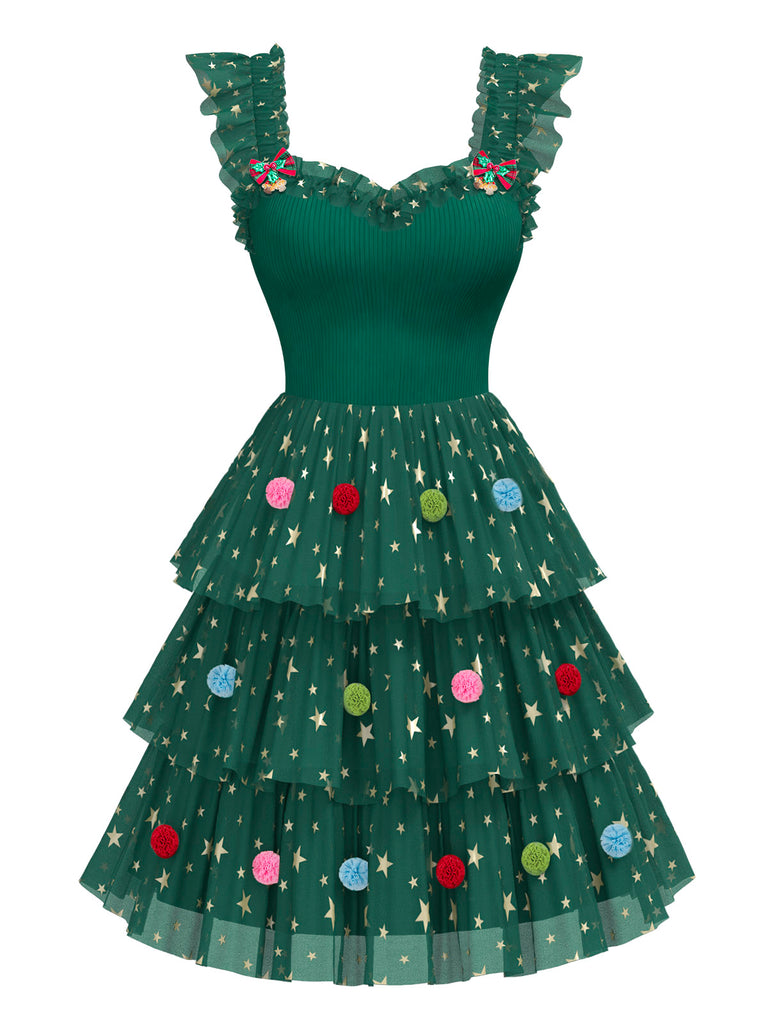 [Pré-vente] Robe à volants en maille avec pompons en forme d'étoiles de Noël années 1970