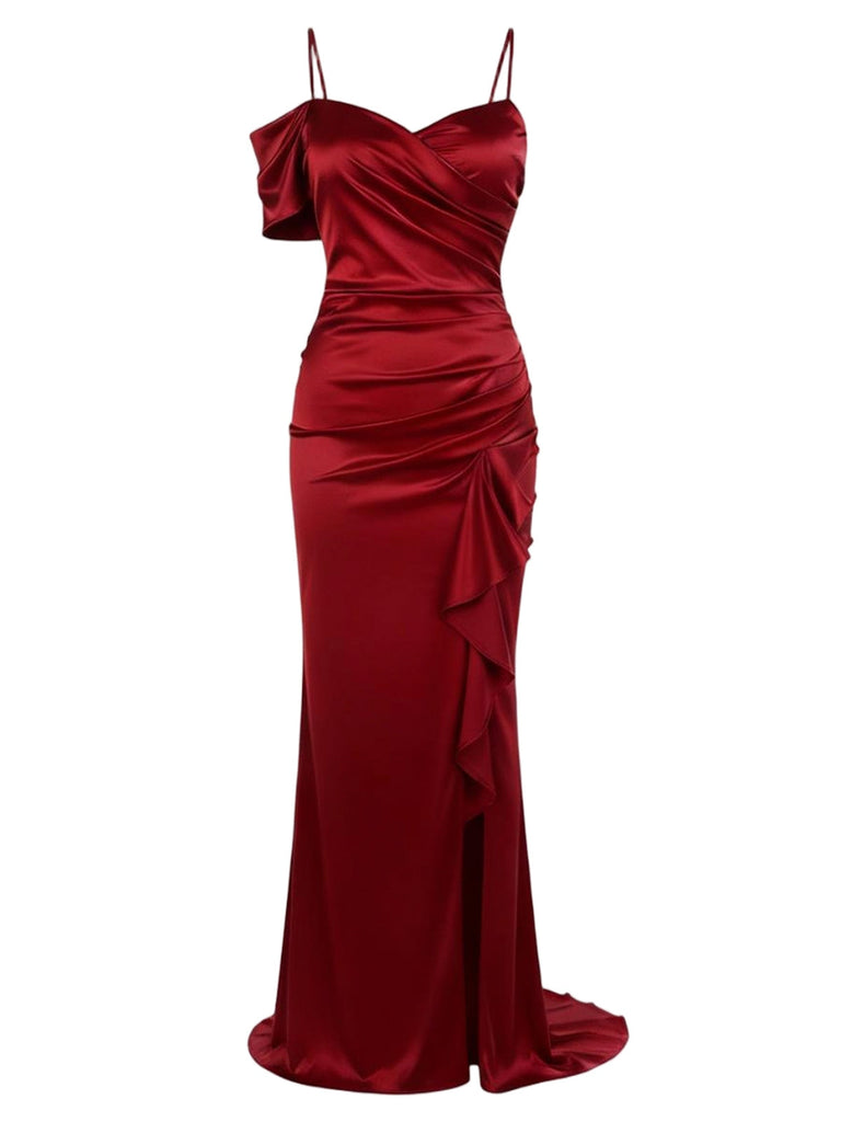 [Pré-vente] Robe à bretelles en satin à volants rouge uni des années 1930