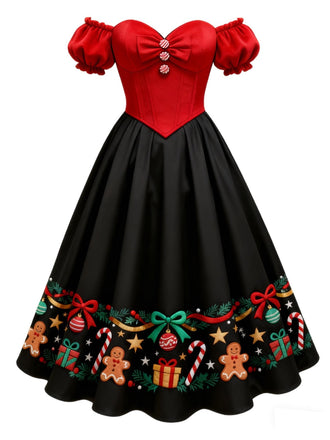 [Prévente] Robe de Noël rouge et noire à épaules dénudées années 1950