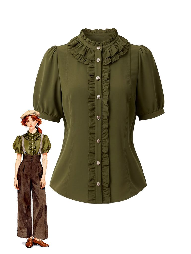 [Prévente] Chemisier vert olive à boutons et volants des années 40