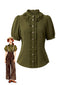 [Prévente] Chemisier vert olive à boutons et volants des années 40