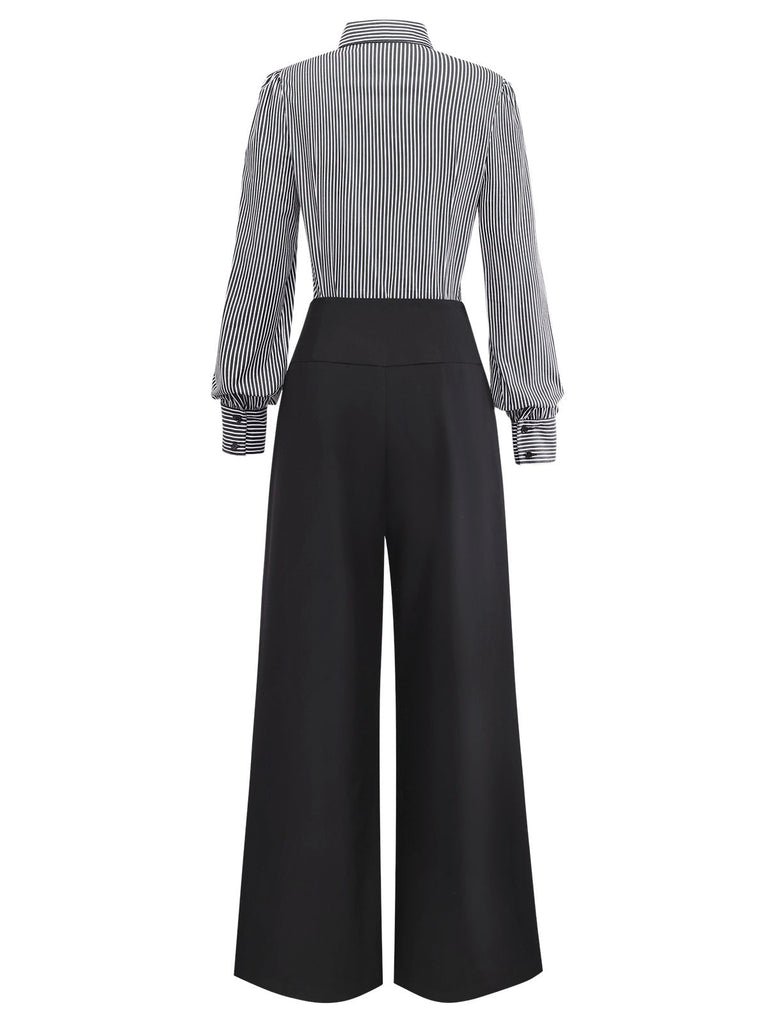 [Prévente] 2PCS chemisier rayé à volants et pantalon à lacets noirs des années 40
