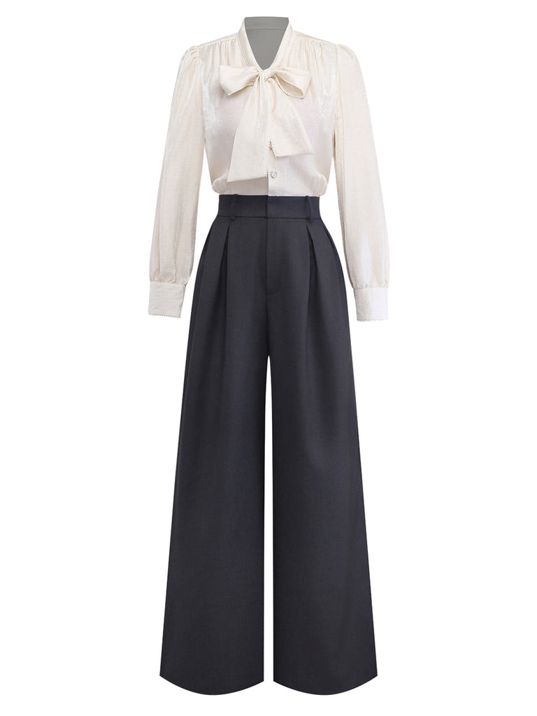 [Prévente] Combinaison beige patchwork col nœud et bordures perlées années 50