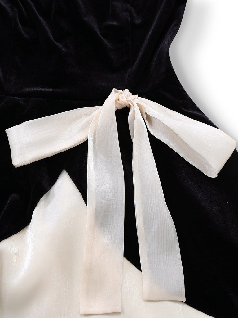 [Prévente] Robe noire en velours satiné épaules dénudées et nœud des années 1950