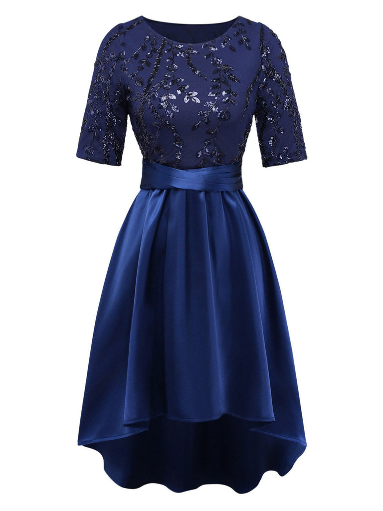 [Prévente] Robe bleu foncé en satin brodée de sequins style années 1950