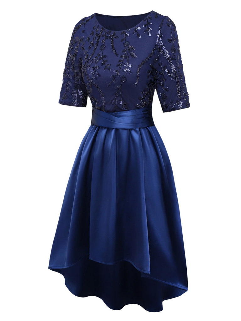[Prévente] Robe bleu foncé en satin brodée de sequins style années 1950