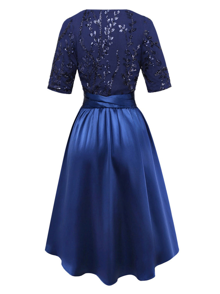[Prévente] Robe bleu foncé en satin brodée de sequins style années 1950
