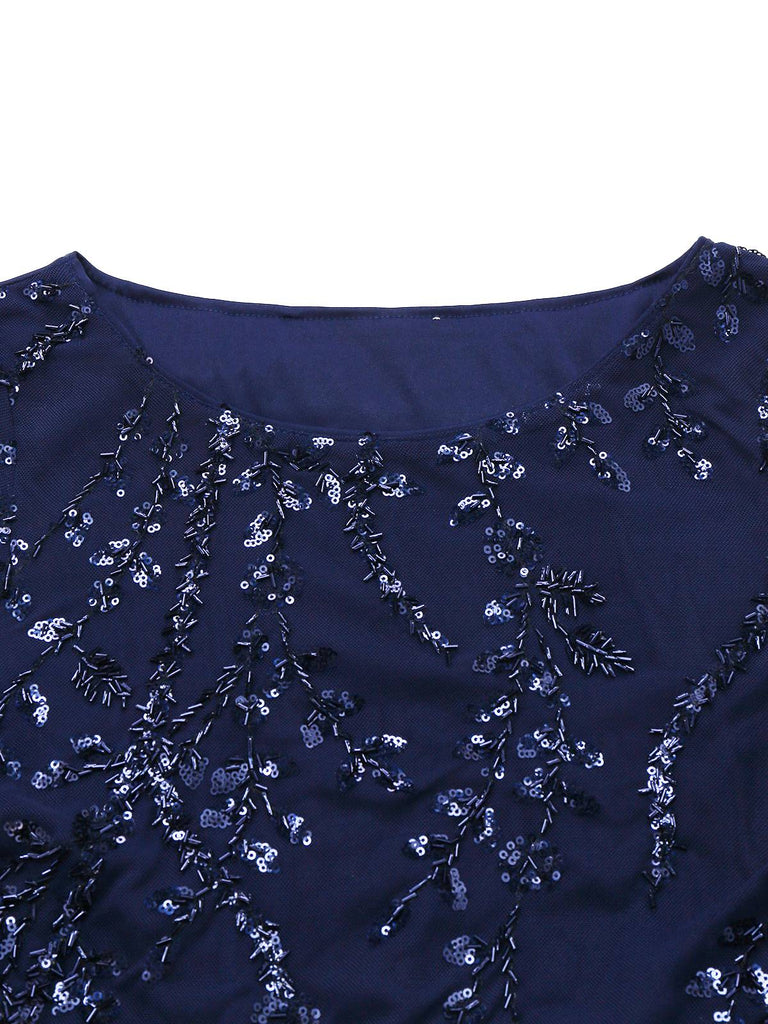 [Prévente] Robe bleu foncé en satin brodée de sequins style années 1950