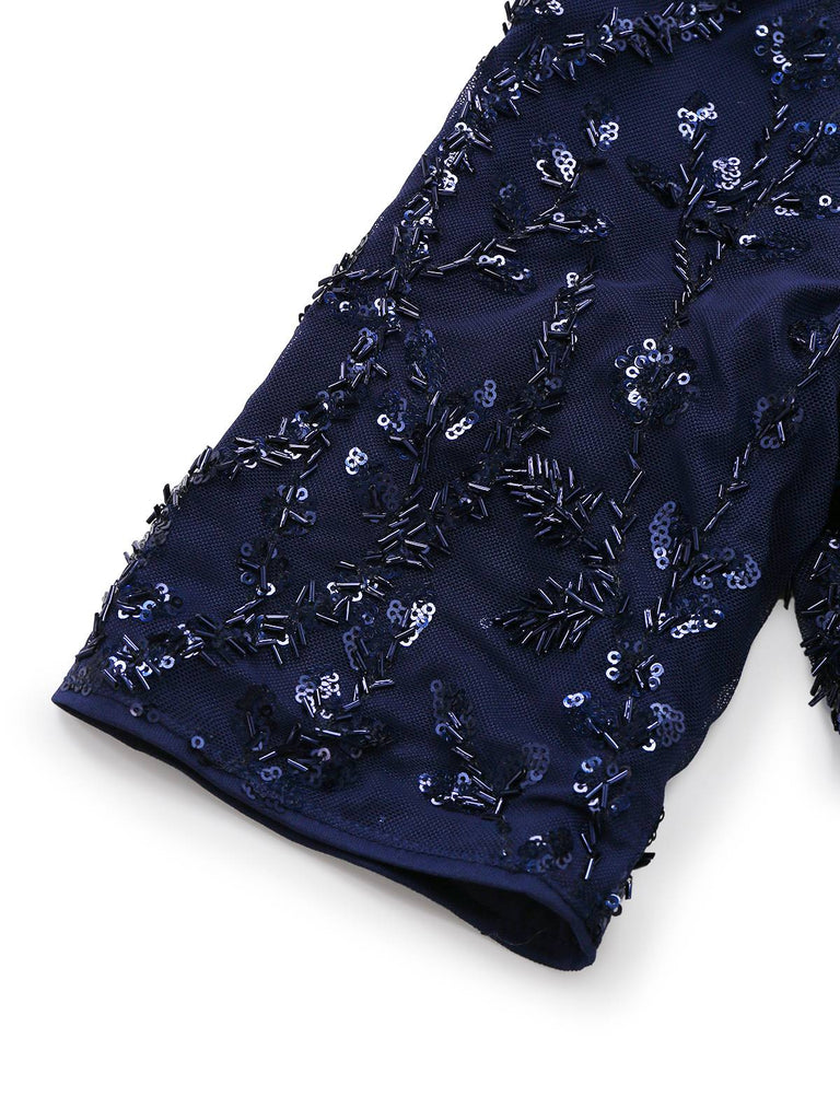 [Prévente] Robe bleu foncé en satin brodée de sequins style années 1950